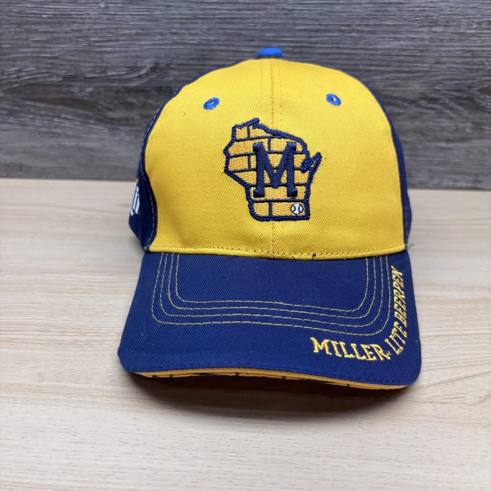 Milwaukee Brewers Hat Cap Strap Back Mens Blue Yellow MLB Baseball Miller Lite